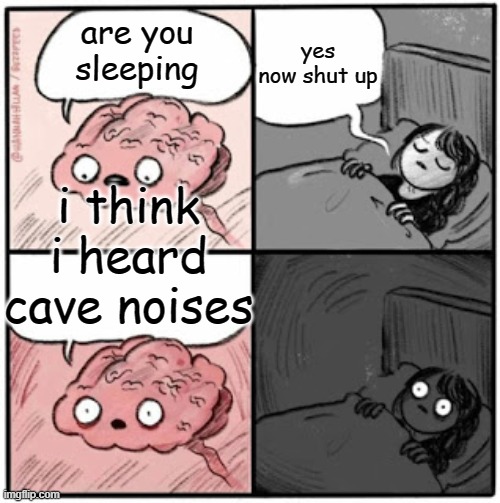 Brain Before Sleep | yes now shut up; are you sleeping; i think i heard cave noises | image tagged in brain before sleep | made w/ Imgflip meme maker
