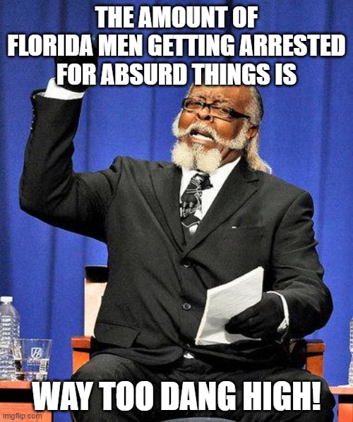 Too High | THE AMOUNT OF FLORIDA MEN GETTING ARRESTED FOR ABSURD THINGS IS; WAY TOO DANG HIGH! | image tagged in too high | made w/ Imgflip meme maker