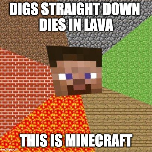 This is minecraft. | DIGS STRAIGHT DOWN 
DIES IN LAVA; THIS IS MINECRAFT | image tagged in minecraft steve | made w/ Imgflip meme maker