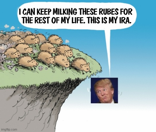 Trump and the Sheeple Money Machine. | I CAN KEEP MILKING THESE RUBES FOR 
THE REST OF MY LIFE. THIS IS MY IRA. | image tagged in trump,sheep,sheeple,money,forever | made w/ Imgflip meme maker