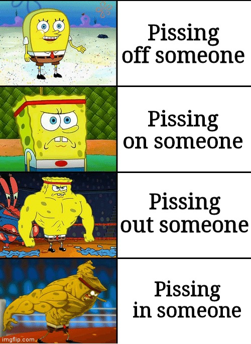 Strong spongebob chart | Pissing off someone; Pissing on someone; Pissing out someone; Pissing in someone | image tagged in strong spongebob chart | made w/ Imgflip meme maker