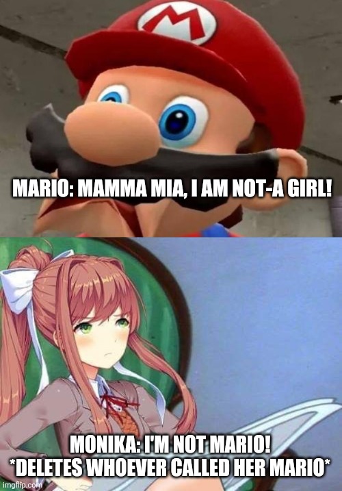 MARIO: MAMMA MIA, I AM NOT-A GIRL! MONIKA: I'M NOT MARIO! *DELETES WHOEVER CALLED HER MARIO* | image tagged in mario wtf,newspaper monika | made w/ Imgflip meme maker