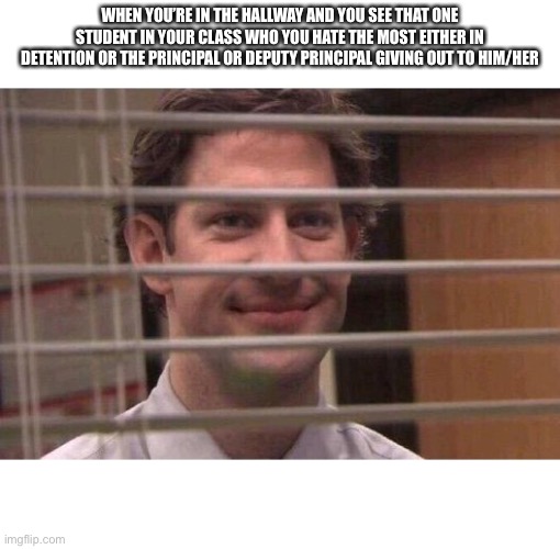 Jim Office Blinds | WHEN YOU’RE IN THE HALLWAY AND YOU SEE THAT ONE STUDENT IN YOUR CLASS WHO YOU HATE THE MOST EITHER IN DETENTION OR THE PRINCIPAL OR DEPUTY PRINCIPAL GIVING OUT TO HIM/HER | image tagged in jim office blinds | made w/ Imgflip meme maker