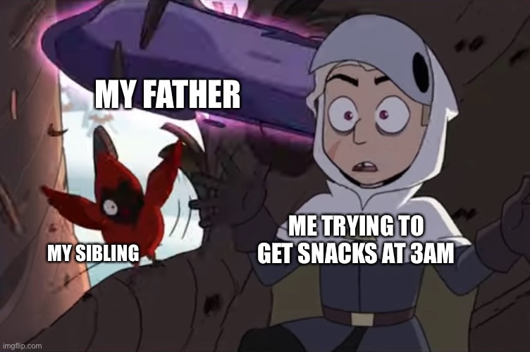 Oh frick | MY FATHER; ME TRYING TO GET SNACKS AT 3AM; MY SIBLING | image tagged in the owl house | made w/ Imgflip meme maker