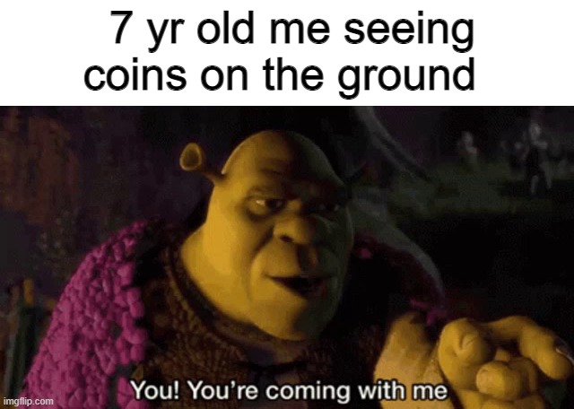 I have no idea what to name | 7 yr old me seeing coins on the ground | image tagged in shrek your coming with me,7 year old me,relatable | made w/ Imgflip meme maker