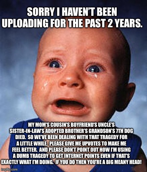 Hi | SORRY I HAVEN’T BEEN UPLOADING FOR THE PAST 2 YEARS. MY MOM’S COUSIN’S BOYFRIEND’S UNCLE’S SISTER-IN-LAW’S ADOPTED BROTHER’S GRANDSON’S 7TH DOG DIED.  SO WE’VE BEEN DEALING WITH THAT TRAGEDY FOR A LITTLE WHILE.  PLEASE GIVE ME UPVOTES TO MAKE ME FEEL BETTER.  AND PLEASE DON’T POINT OUT HOW I’M USING A DUMB TRAGEDY TO GET INTERNET POINTS EVEN IF THAT’S EXACTLY WHAT I’M DOING.  IF YOU DO THEN YOU’RE A BIG MEANY HEAD! | image tagged in crying baby | made w/ Imgflip meme maker