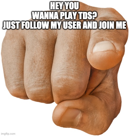 pointing finger | HEY YOU
WANNA PLAY TDS?
JUST FOLLOW MY USER AND JOIN ME | image tagged in pointing finger | made w/ Imgflip meme maker