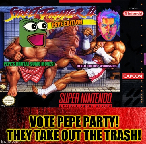 StreetPepe II | VOTE PEPE PARTY! THEY TAKE OUT THE TRASH! | image tagged in red background,street fighter,pepe,party | made w/ Imgflip meme maker