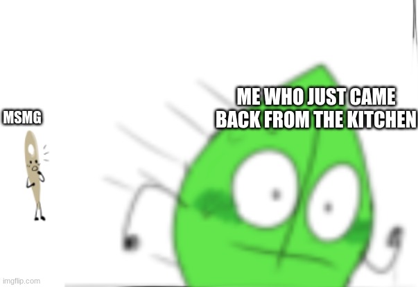 why is there vore all of a sudden | ME WHO JUST CAME BACK FROM THE KITCHEN; MSMG | image tagged in leafy runs away single panel | made w/ Imgflip meme maker