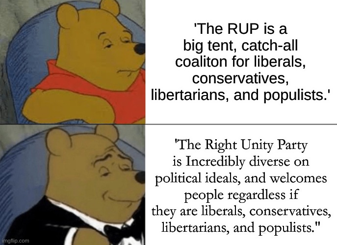 Liberals, Conservatives, Populists, and Libretarians are the 4 factions of RUP. | 'The RUP is a big tent, catch-all coaliton for liberals, conservatives, libertarians, and populists.'; 'The Right Unity Party is Incredibly diverse on political ideals, and welcomes people regardless if they are liberals, conservatives, libertarians, and populists." | image tagged in memes,tuxedo winnie the pooh,rup | made w/ Imgflip meme maker