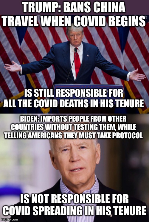 The media and Democrats doing what they do best: lying to the public | TRUMP: BANS CHINA TRAVEL WHEN COVID BEGINS; IS STILL RESPONSIBLE FOR ALL THE COVID DEATHS IN HIS TENURE; BIDEN: IMPORTS PEOPLE FROM OTHER COUNTRIES WITHOUT TESTING THEM, WHILE TELLING AMERICANS THEY MUST TAKE PROTOCOL; IS NOT RESPONSIBLE FOR COVID SPREADING IN HIS TENURE | image tagged in donald trump,joe biden 2020,politics,coronavirus,stupid,fake news | made w/ Imgflip meme maker