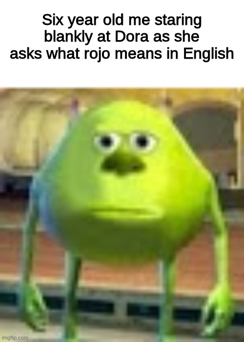 What's more awkward, answering her or just sitting in silence while she stares at you? | Six year old me staring blankly at Dora as she asks what rojo means in English | image tagged in sully wazowski,dora the explorer | made w/ Imgflip meme maker