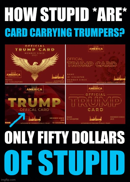 freedumb | HOW STUPID *ARE*; CARD CARRYING TRUMPERS? ONLY FIFTY DOLLARS; OF STUPID | image tagged in donald trump,trump card,stupid people,conservative logic,sounds like communist propaganda,white nationalism | made w/ Imgflip meme maker