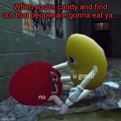 M&Ms u good? no | When you're candy and find out that people are gonna eat ya... | image tagged in m ms u good no | made w/ Imgflip meme maker