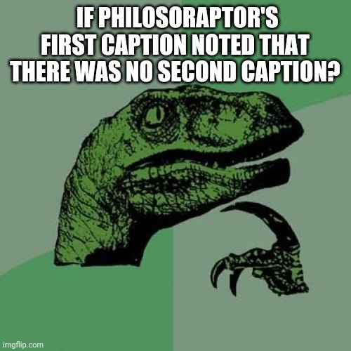 DUHN DUHN DUHN DAH | IF PHILOSORAPTOR'S FIRST CAPTION NOTED THAT THERE WAS NO SECOND CAPTION? | image tagged in memes,philosoraptor | made w/ Imgflip meme maker