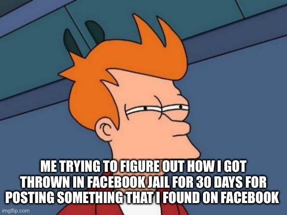 Pretty suspicious | ME TRYING TO FIGURE OUT HOW I GOT THROWN IN FACEBOOK JAIL FOR 30 DAYS FOR POSTING SOMETHING THAT I FOUND ON FACEBOOK | image tagged in memes,futurama fry | made w/ Imgflip meme maker