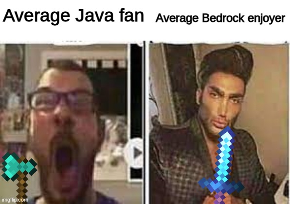 im not hating on java, but bedrock is still ok | Average Bedrock enjoyer; Average Java fan | image tagged in avrage fan vs enjoyer,minecraft,funny,bedrock | made w/ Imgflip meme maker