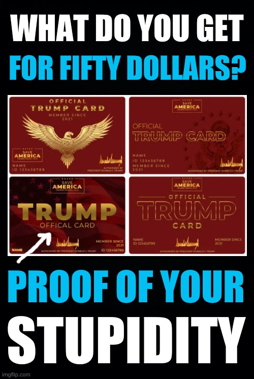freedumb | WHAT DO YOU GET; FOR FIFTY DOLLARS? PROOF OF YOUR; STUPIDITY | image tagged in trump card,donald trump,stupid people,conservative logic,propaganda,white nationalism | made w/ Imgflip meme maker
