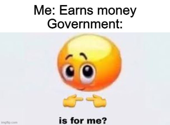 Is for me | Me: Earns money
Government: | image tagged in is for me,memes,funny | made w/ Imgflip meme maker
