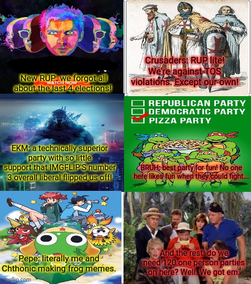 Explaining the main parties! | Crusaders: RUP lite! We're against TOS violations. Except our own! New RUP: we forgot all about the last 4 elections! EKM: a technically superior party with so little support that IMGFLIP'S number 3 overall liberal flipped us off! BRUH: best party for fun! No one here likes fun when they could fight... And the rest: do we need 120 one person parties on here? Well. We got em. Pepe: literally me and Chthonic making frog memes. | image tagged in memes,blank comic panel 2x2,political,parties,who would win | made w/ Imgflip meme maker