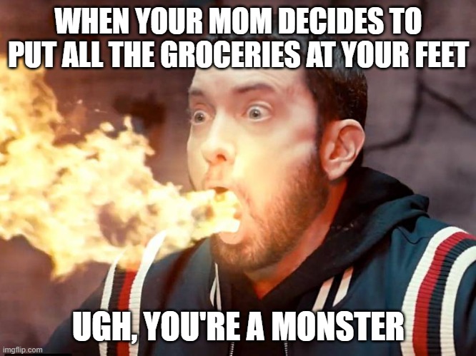 mOnStEr | WHEN YOUR MOM DECIDES TO PUT ALL THE GROCERIES AT YOUR FEET; UGH, YOU'RE A MONSTER | image tagged in eminem,monster,mom | made w/ Imgflip meme maker