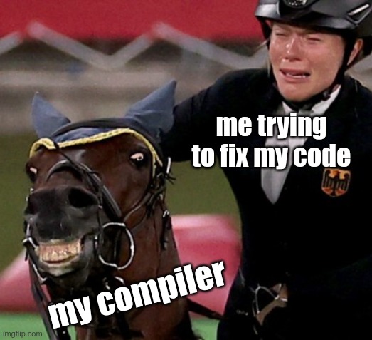 me trying to fix my code | me trying to fix my code; my compiler | image tagged in crazy horse | made w/ Imgflip meme maker