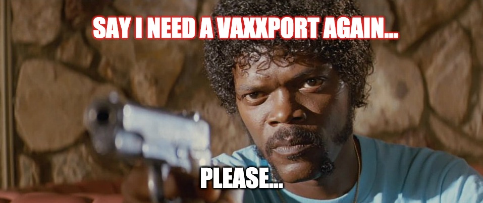 Vaxxport?  No...I'm good. | SAY I NEED A VAXXPORT AGAIN... PLEASE... | image tagged in pulp fiction,pulp fiction - jules,vaccines | made w/ Imgflip meme maker