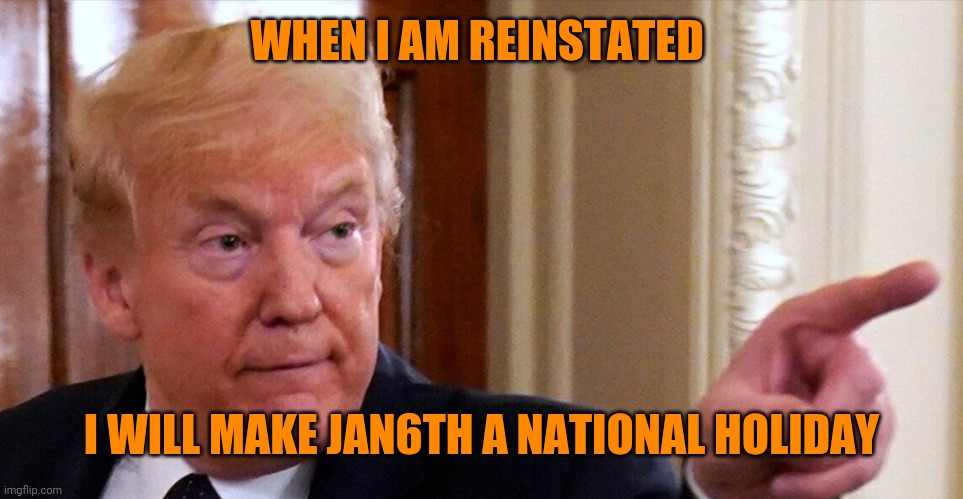Trump pointing | WHEN I AM REINSTATED; I WILL MAKE JAN6TH A NATIONAL HOLIDAY | image tagged in trump pointing | made w/ Imgflip meme maker