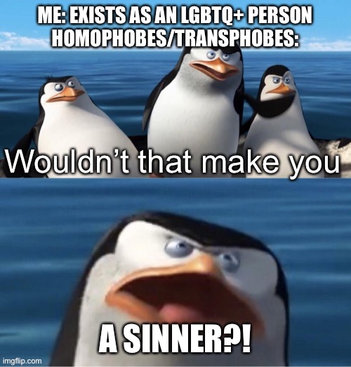 Wouldn’t that make you | ME: EXISTS AS AN LGBTQ+ PERSON
HOMOPHOBES/TRANSPHOBES:; A SINNER?! | image tagged in wouldn t that make you | made w/ Imgflip meme maker