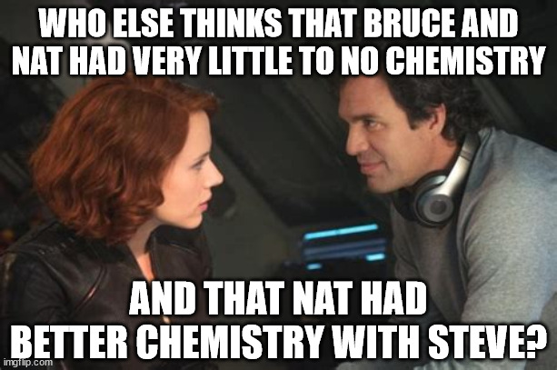 I honestly don't know why the two characters were made lovers | WHO ELSE THINKS THAT BRUCE AND NAT HAD VERY LITTLE TO NO CHEMISTRY; AND THAT NAT HAD BETTER CHEMISTRY WITH STEVE? | image tagged in marvel,black widow,hulk | made w/ Imgflip meme maker