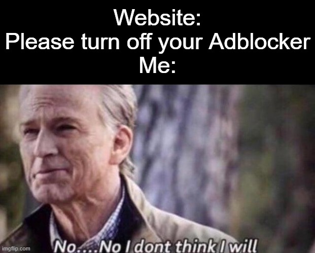 no i don't think i will |  Website: Please turn off your Adblocker
Me: | image tagged in no i don't think i will,memes | made w/ Imgflip meme maker