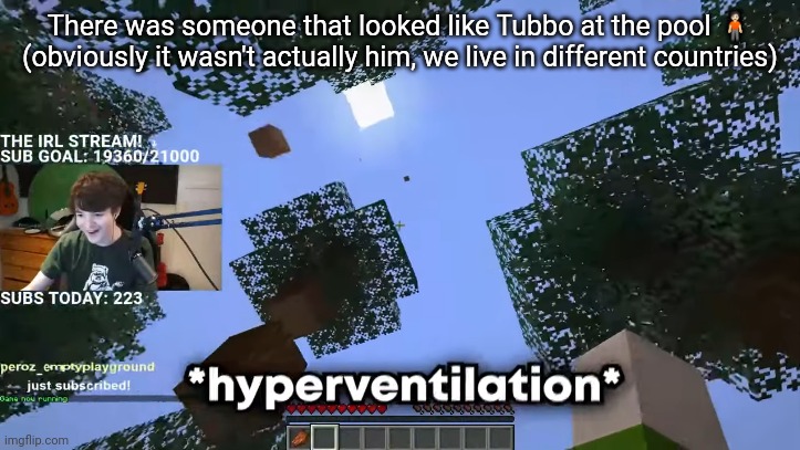 There was someone that looked like Tubbo at the pool 🧍🏻 (obviously it wasn't actually him, we live in different countries) | image tagged in hyperventilation | made w/ Imgflip meme maker