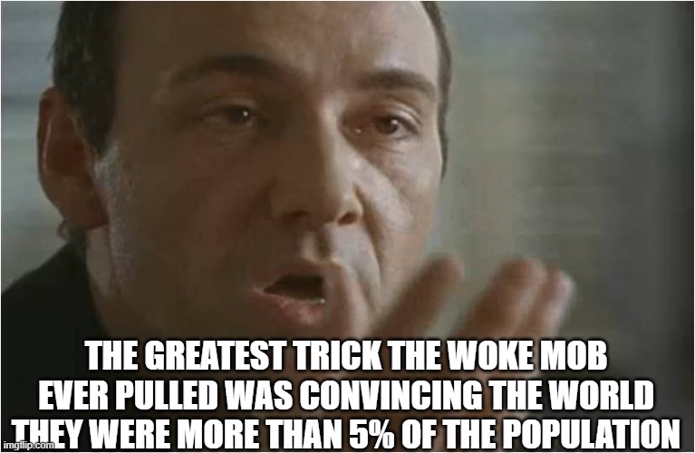 Kevin Spacey Usual Suspects Poof | THE GREATEST TRICK THE WOKE MOB EVER PULLED WAS CONVINCING THE WORLD THEY WERE MORE THAN 5% OF THE POPULATION | image tagged in kevin spacey usual suspects poof | made w/ Imgflip meme maker