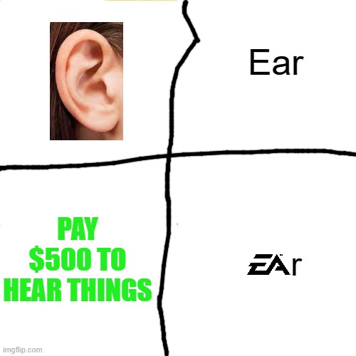 EAR Sports | Ear; PAY $500 TO HEAR THINGS; r | image tagged in white screen 4x4,ea,ea sports,electronic arts | made w/ Imgflip meme maker