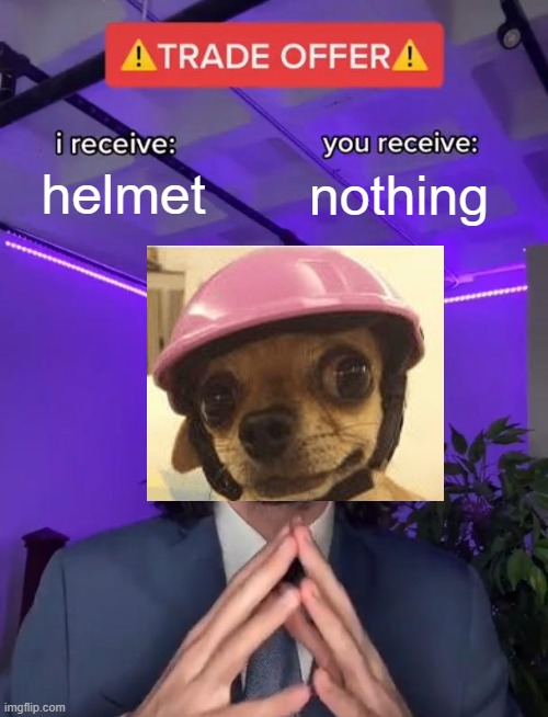 Helmet | helmet; nothing | image tagged in trade offer | made w/ Imgflip meme maker