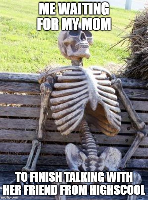 Waiting Skeleton |  ME WAITING FOR MY MOM; TO FINISH TALKING WITH HER FRIEND FROM HIGHSCOOL | image tagged in memes,waiting skeleton | made w/ Imgflip meme maker