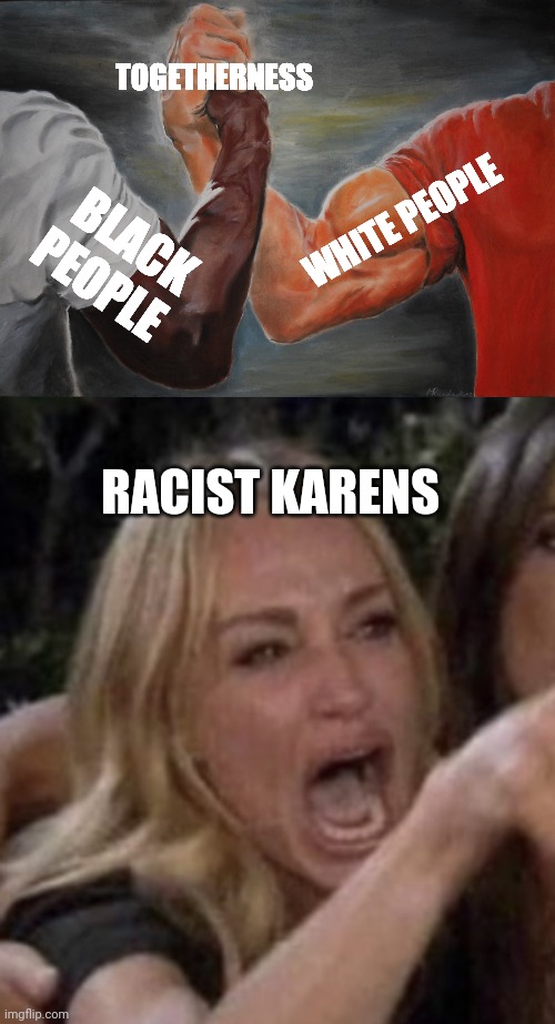 TOGETHERNESS; WHITE PEOPLE; BLACK PEOPLE; RACIST KARENS | image tagged in memes,epic handshake,karen carpenter and smudge cat | made w/ Imgflip meme maker