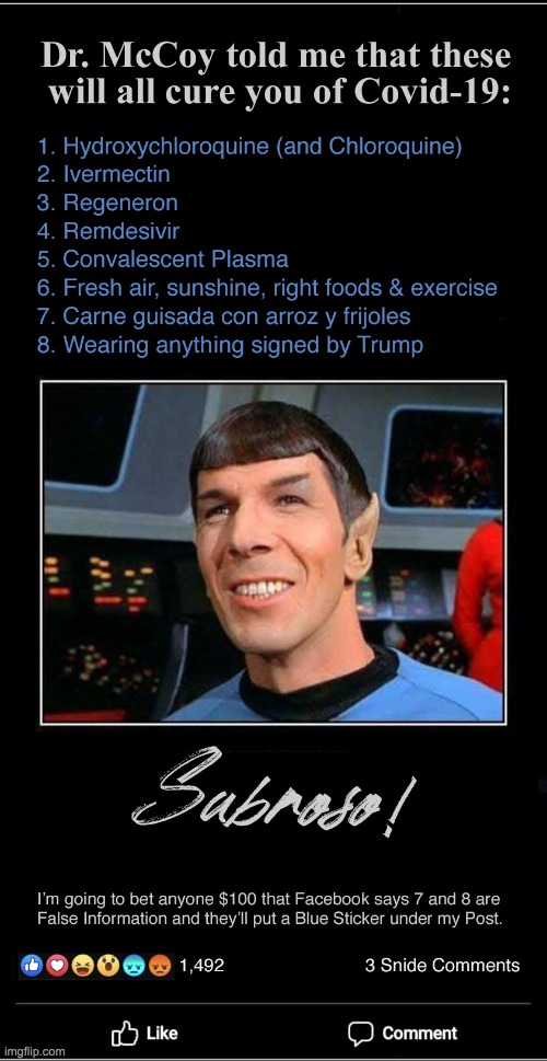 Spock has list of Covid-19 cures | image tagged in spock,star trek,covid19,dr mccoy | made w/ Imgflip meme maker