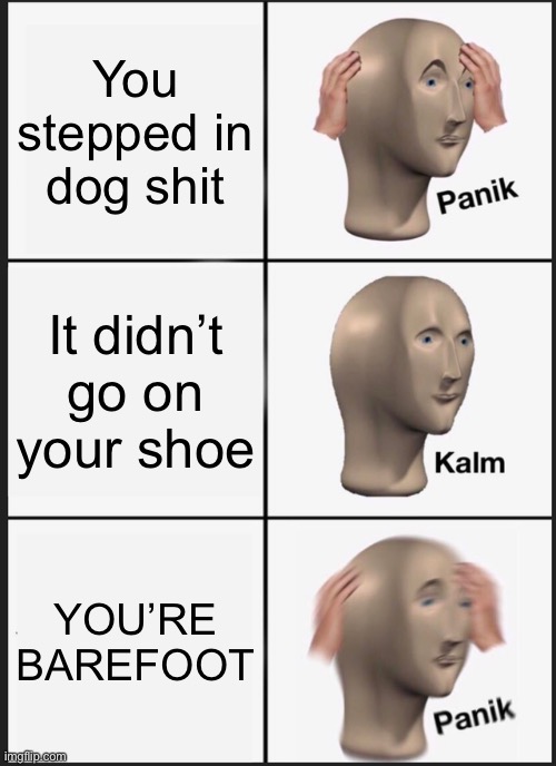 Panik Kalm Panik Meme |  You stepped in dog shit; It didn’t go on your shoe; YOU’RE BAREFOOT | image tagged in memes,panik kalm panik | made w/ Imgflip meme maker