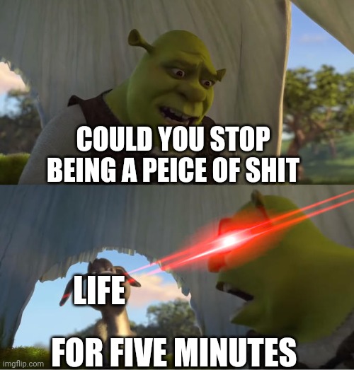 Shrek For Five Minutes | COULD YOU STOP BEING A PEICE OF SHIT; LIFE; FOR FIVE MINUTES | image tagged in shrek for five minutes | made w/ Imgflip meme maker