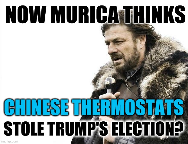 freedumb | NOW MURICA THINKS; CHINESE THERMOSTATS; STOLE TRUMP'S ELECTION? | image tagged in memes,brace yourselves x is coming,chinese thermostats,donald trump,election fraud,qanon | made w/ Imgflip meme maker