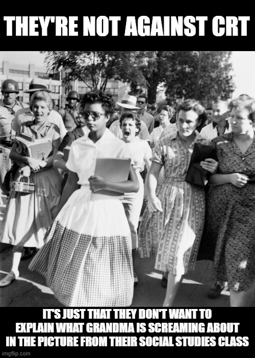 THEY'RE NOT AGAINST CRT; IT'S JUST THAT THEY DON'T WANT TO EXPLAIN WHAT GRANDMA IS SCREAMING ABOUT IN THE PICTURE FROM THEIR SOCIAL STUDIES CLASS | made w/ Imgflip meme maker