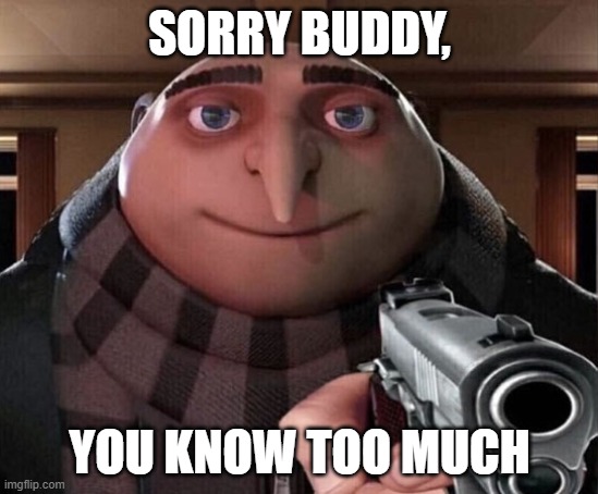 SORRY BUDDY, YOU KNOW TOO MUCH | image tagged in gru gun | made w/ Imgflip meme maker
