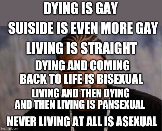 Yo Dawg Heard You Meme | DYING IS GAY; SUISIDE IS EVEN MORE GAY; LIVING IS STRAIGHT; DYING AND COMING BACK TO LIFE IS BISEXUAL; LIVING AND THEN DYING AND THEN LIVING IS PANSEXUAL; NEVER LIVING AT ALL IS ASEXUAL | image tagged in memes,yo dawg heard you | made w/ Imgflip meme maker