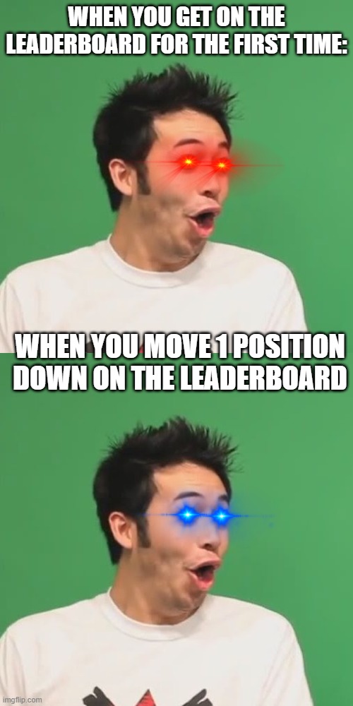 when you finally get on the Leaderboard after years of trying | WHEN YOU GET ON THE LEADERBOARD FOR THE FIRST TIME:; WHEN YOU MOVE 1 POSITION DOWN ON THE LEADERBOARD | image tagged in pogchamp | made w/ Imgflip meme maker