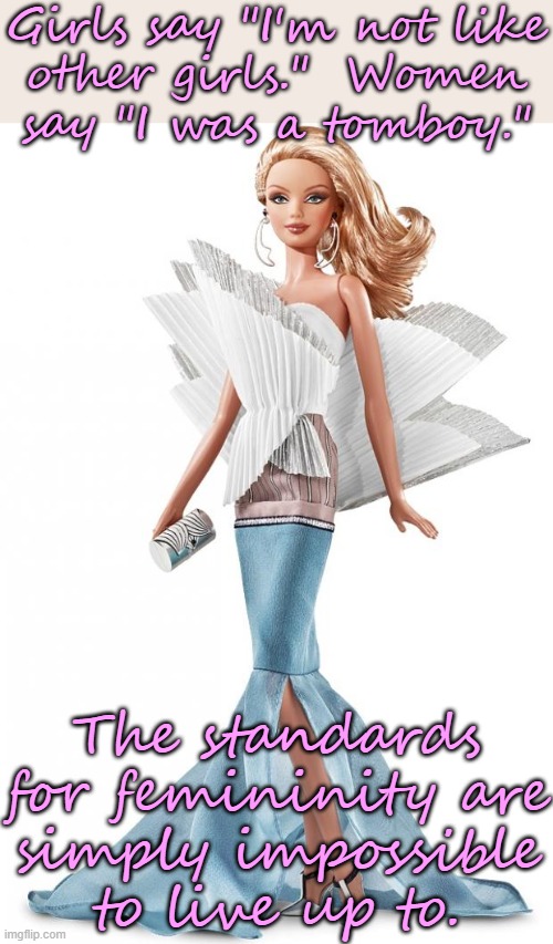 Angel Barbie | Girls say "I'm not like
other girls."  Women
say "I was a tomboy."; The standards for femininity are
simply impossible
to live up to. | image tagged in angel barbie | made w/ Imgflip meme maker
