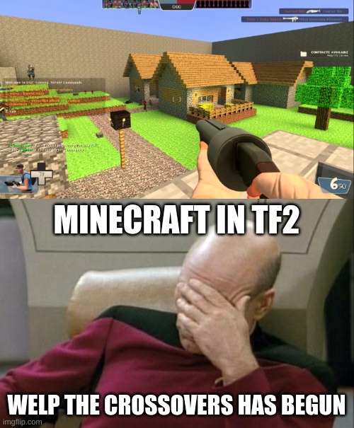 MINECRAFT IN TF2; WELP THE CROSSOVERS HAS BEGUN | image tagged in memes,captain picard facepalm | made w/ Imgflip meme maker
