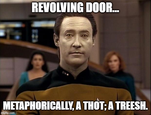 Star trek data | REVOLVING DOOR... METAPHORICALLY, A THOT; A TREESH. | image tagged in star trek data | made w/ Imgflip meme maker