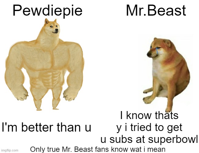 Poor Mr. Beast | Pewdiepie; Mr.Beast; I know thats y i tried to get u subs at superbowl; I'm better than u; Only true Mr. Beast fans know wat i mean | image tagged in memes,buff doge vs cheems | made w/ Imgflip meme maker