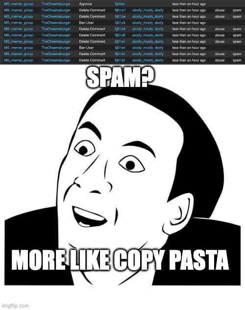 Mod abuse | SPAM? MORE LIKE COPY PASTA | image tagged in you don't say | made w/ Imgflip meme maker